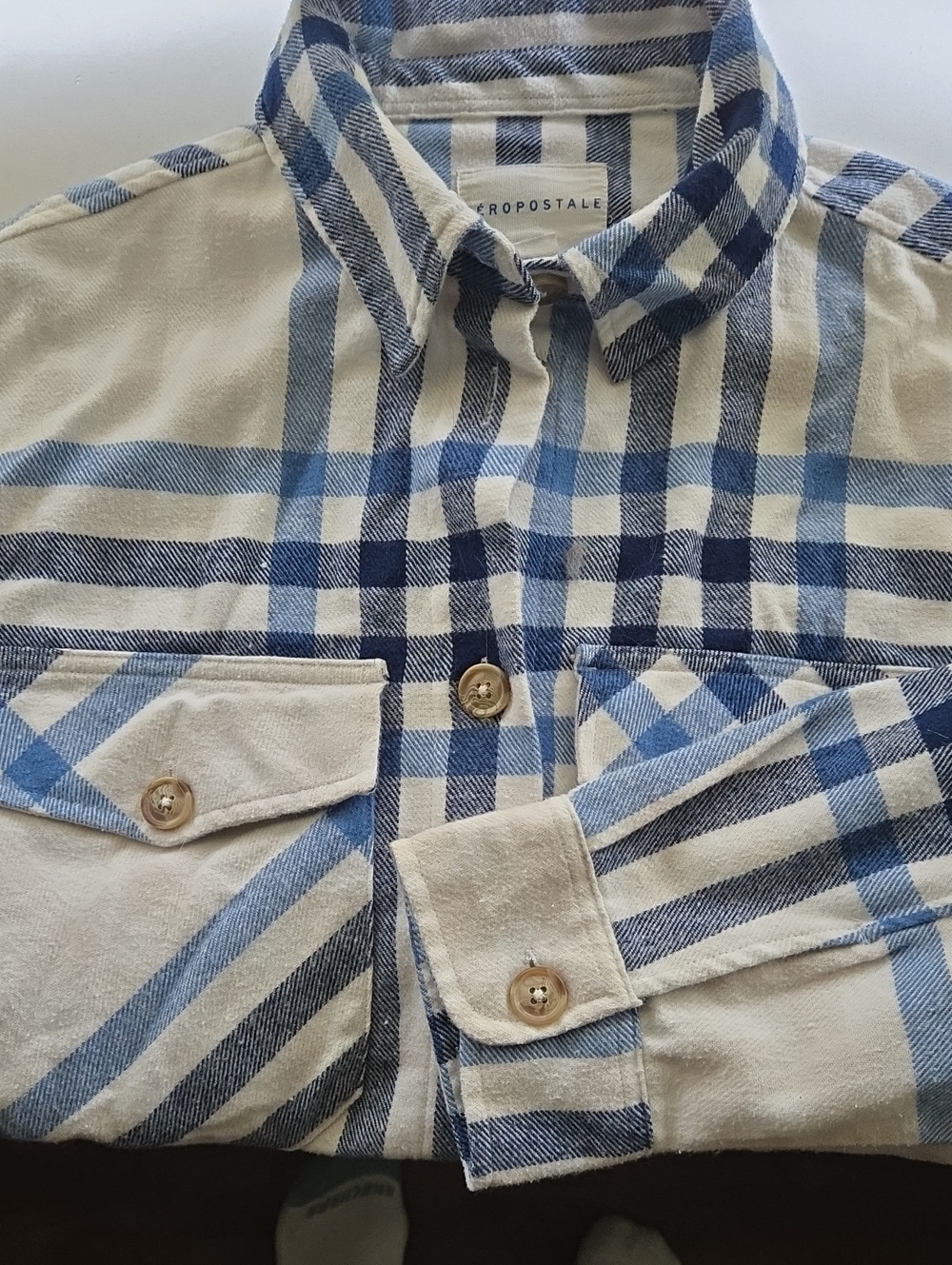 Aeropostale Cream and Blue Plaid Button-Down Shirt